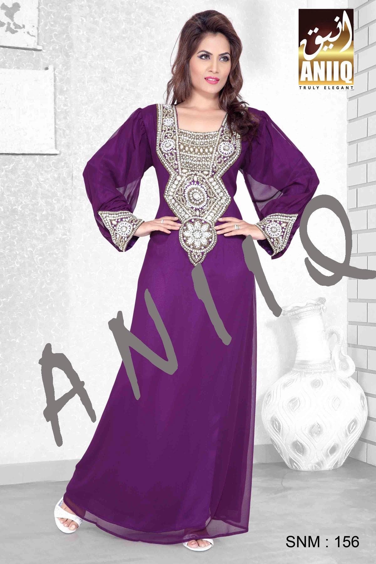 Purple   Embroidered   Faux Georgette   Kaftan