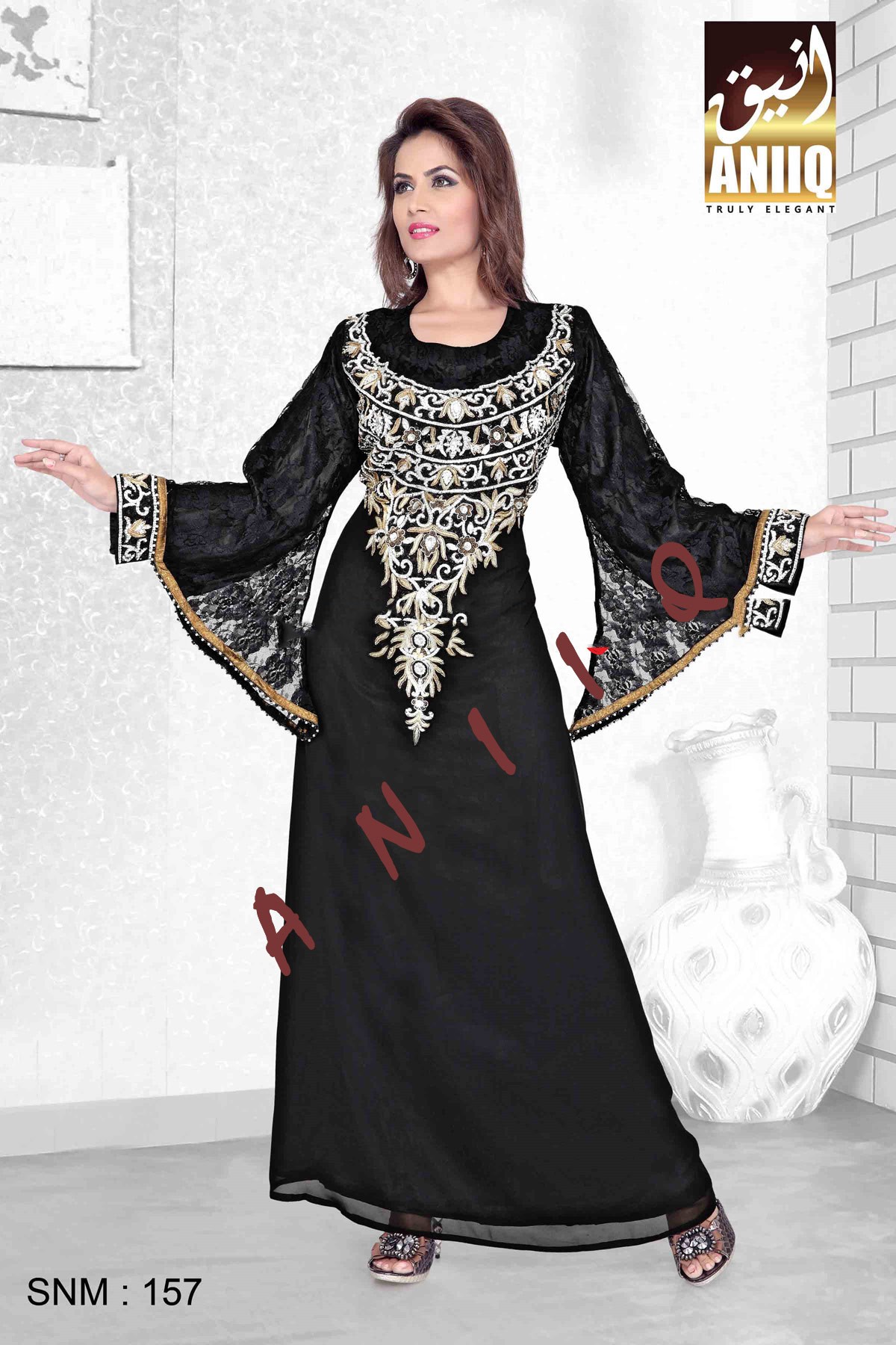 Black   Embroidered   Faux Georgette   Kaftan