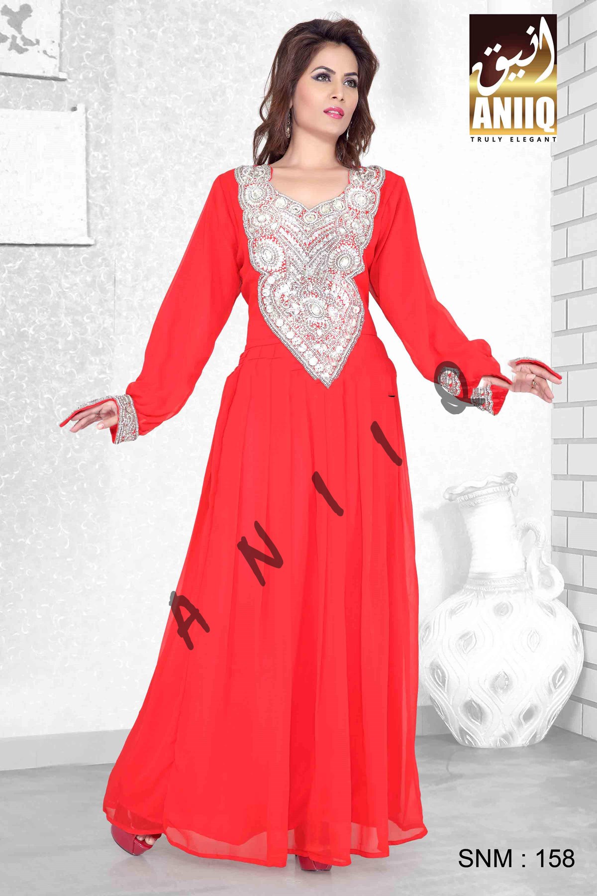 Red   Embroidered   Faux Georgette   Kaftan