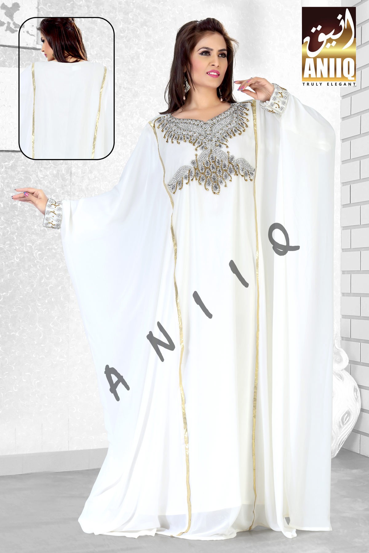 Off White   Embroidered   Faux Georgette   Kaftan