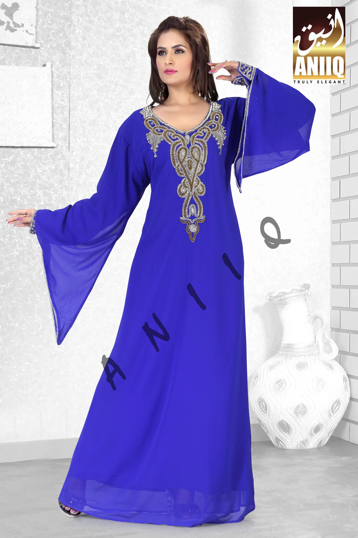 Royal Blue   Embroidered   Faux Georgette   Kaftan