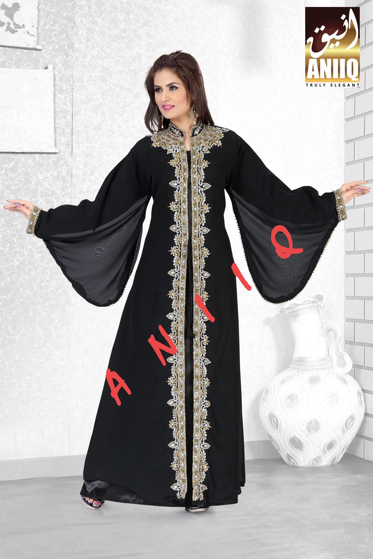 Black   Embroidered   Faux Georgette   Kaftan