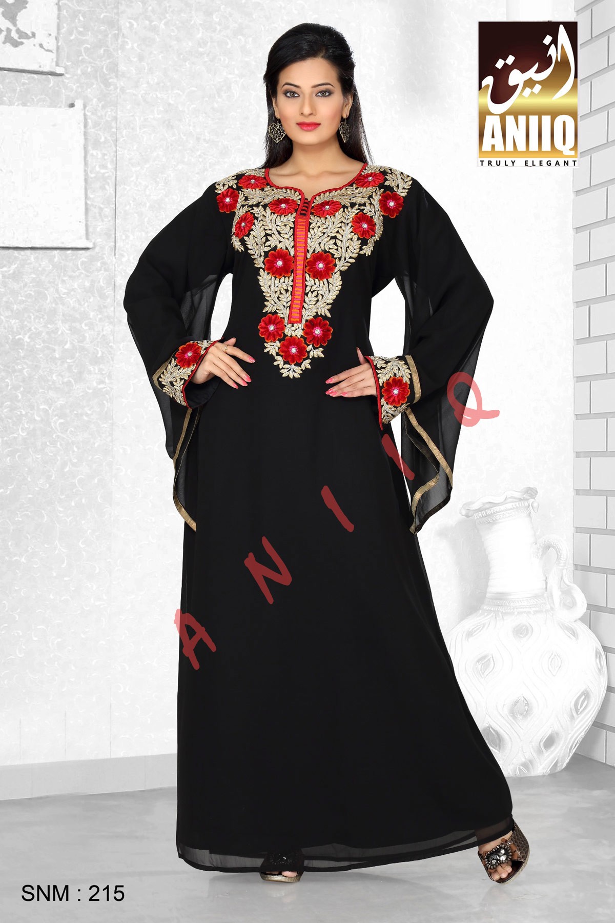 Black   Embroidered   Faux Georgette   Kaftan