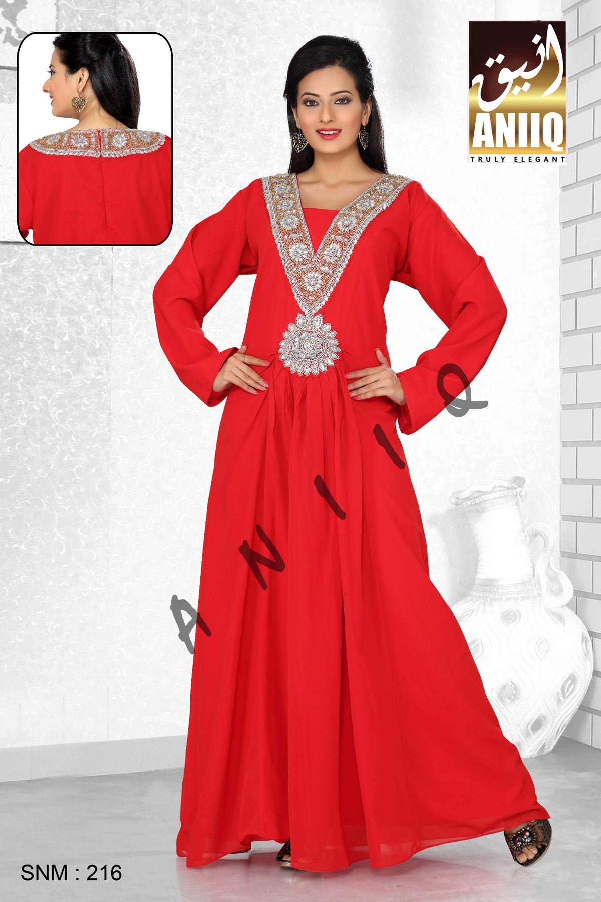 Red   Embroidered   Faux Georgette   Kaftan