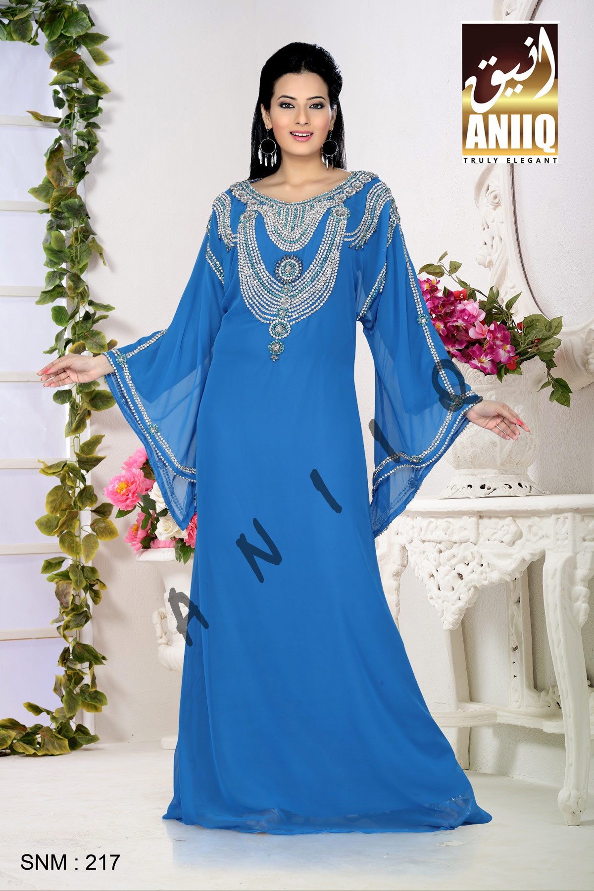 Blue   Embroidered   Faux Georgette   Kaftan