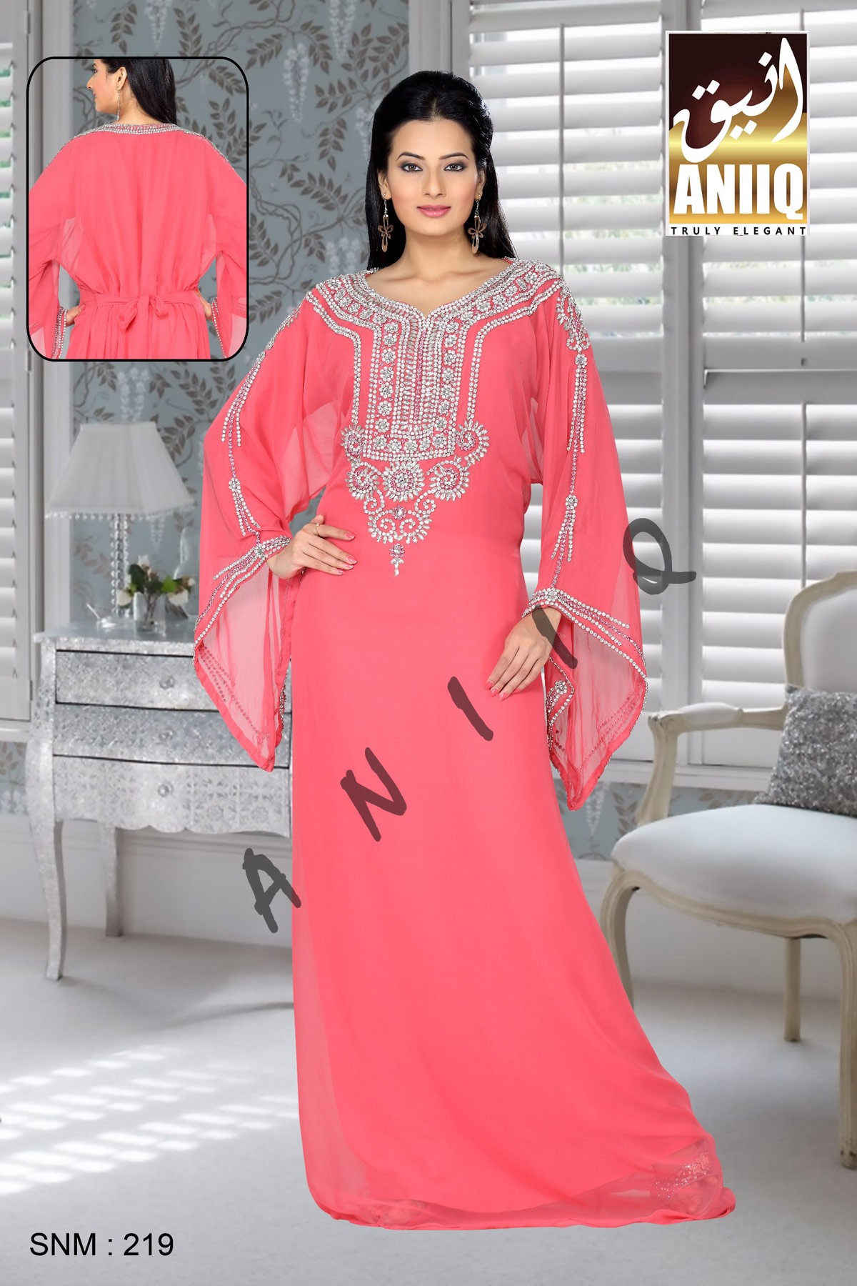 Peach   Embroidered   Faux Georgette   Kaftan