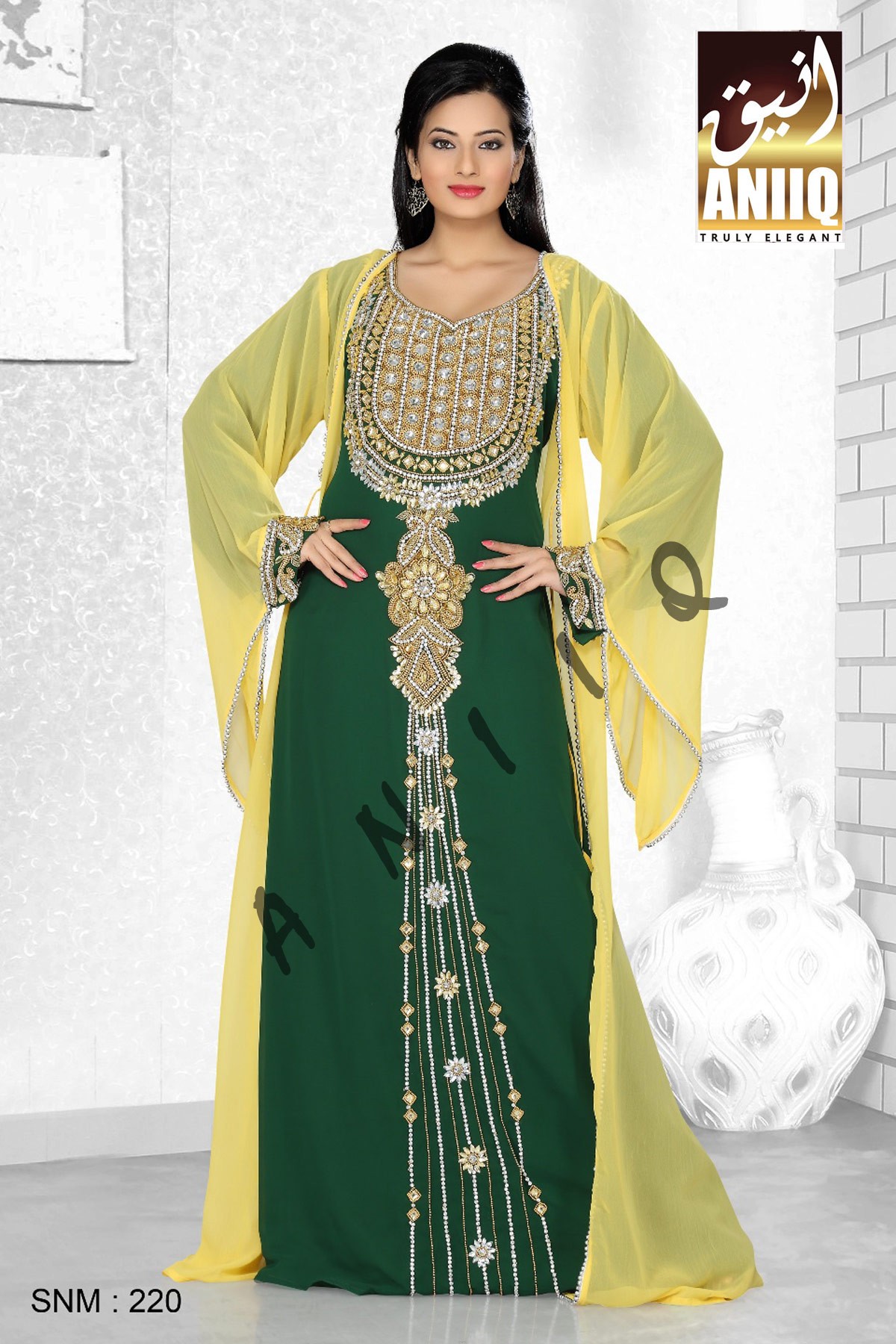 Yellow And Bottle Green   Embroidered   Faux Georgette   Kaftan