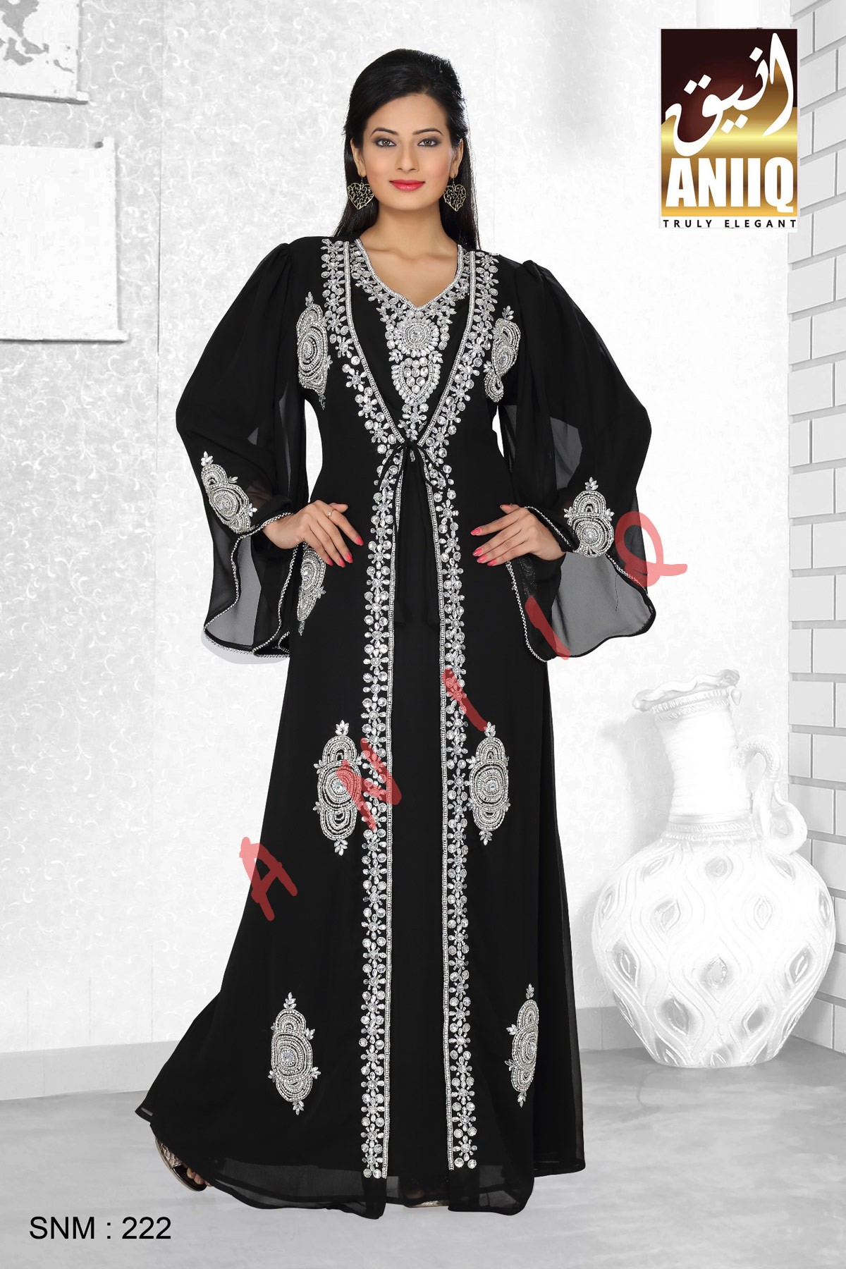 Black   Embroidered   Faux Georgette   Kaftan