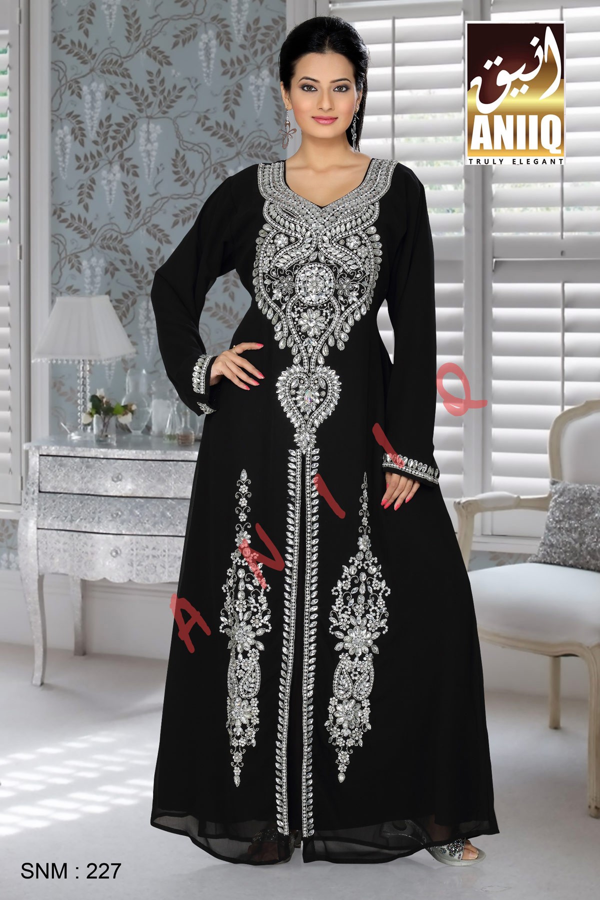 Black   Embroidered   Faux Georgette   Kaftan