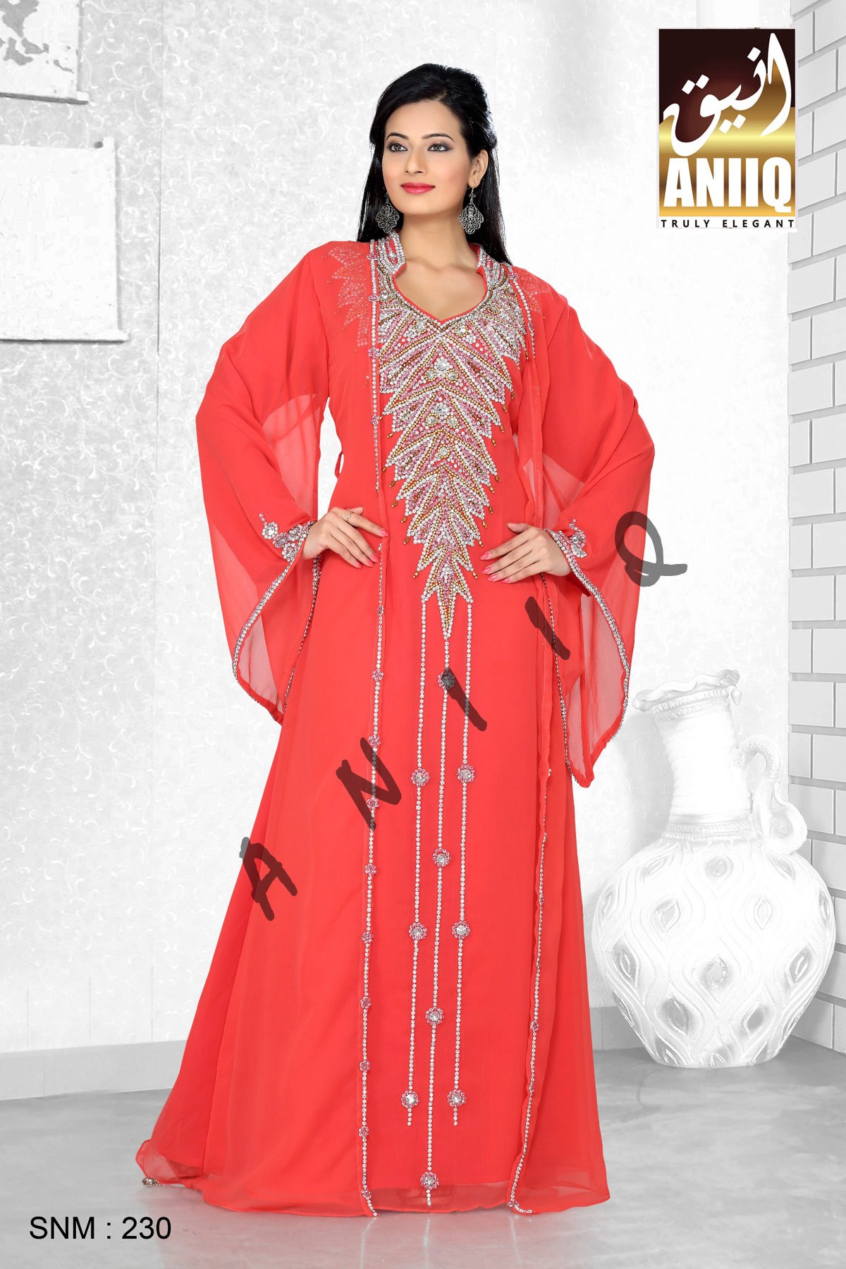 Coral   Embroidered   Faux Georgette   Kaftan