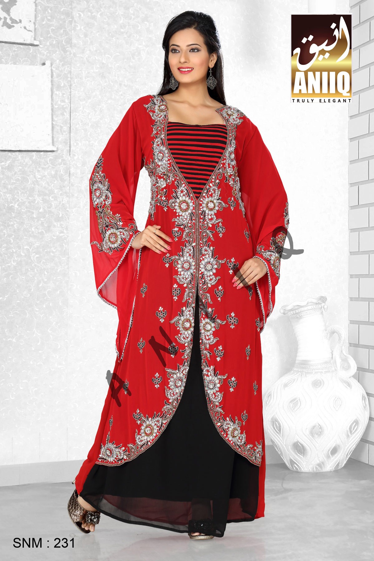 Red And Black   Embroidered   Faux Georgette   Kaftan