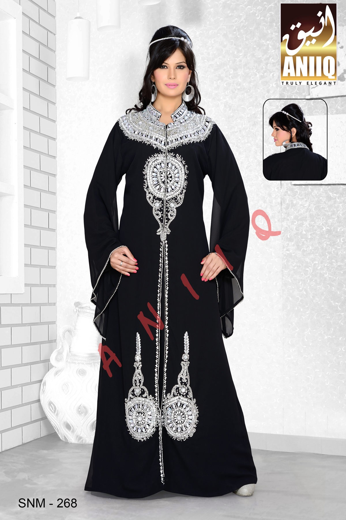 Black   Embroidered   Faux Georgette   Kaftan