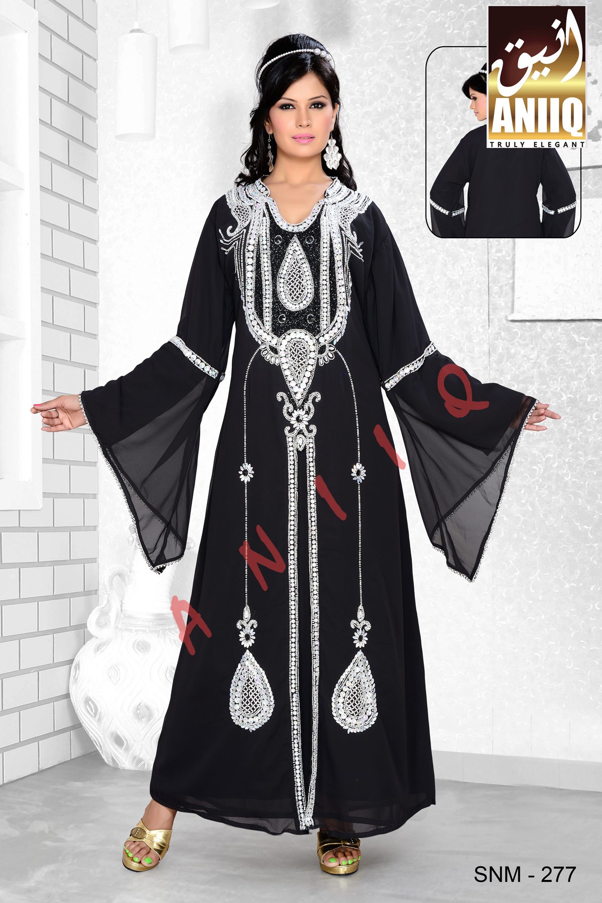 Black   Embroidered   Faux Georgette   Kaftan