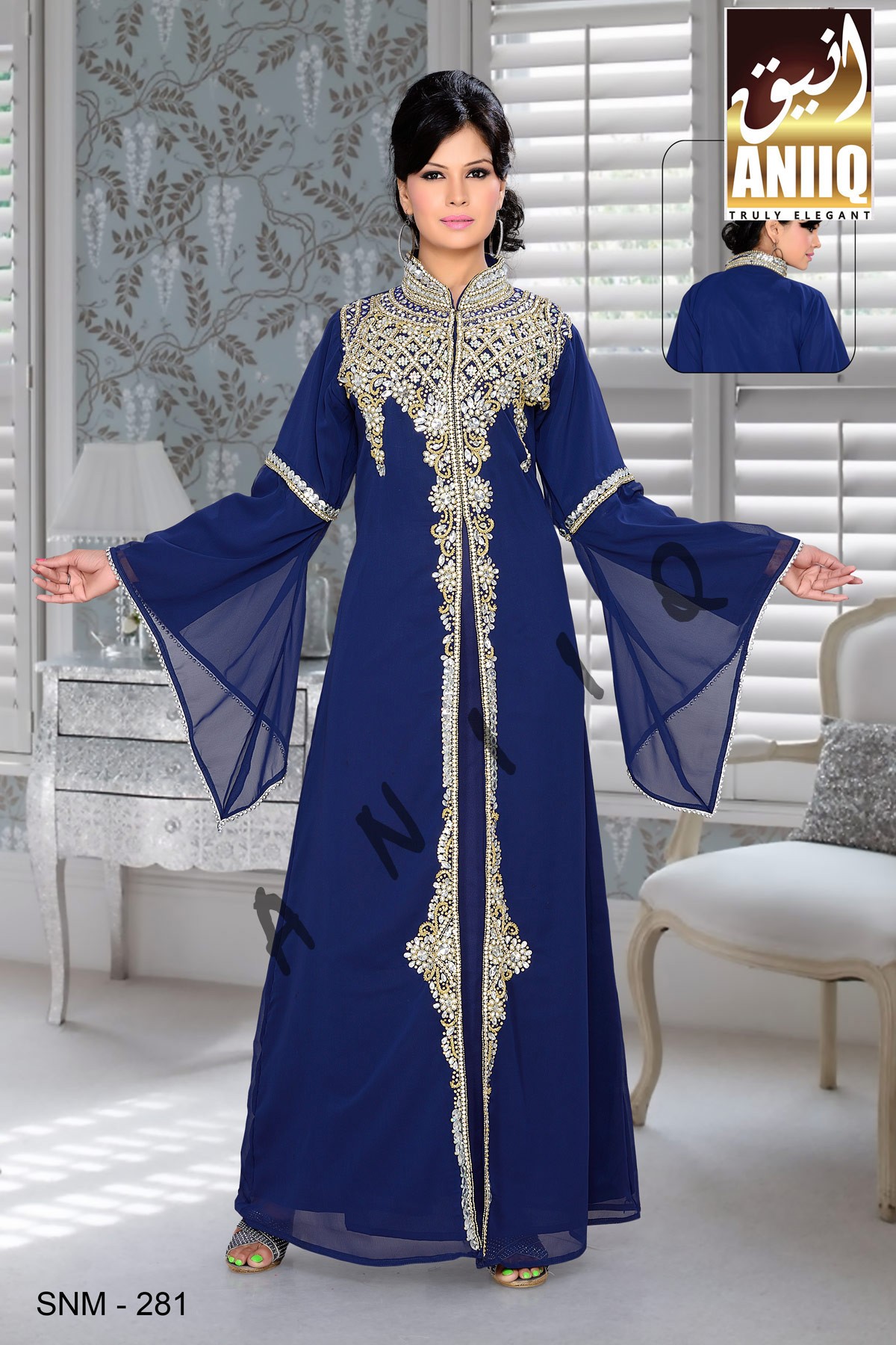 Navy Blue   Embroidered   Faux Georgette   Kaftan