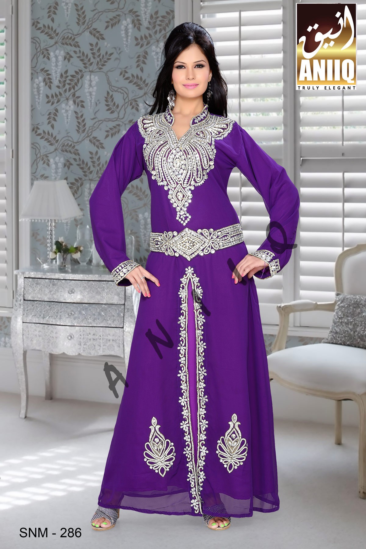 Purple   Embroidered   Faux Georgette   Kaftan