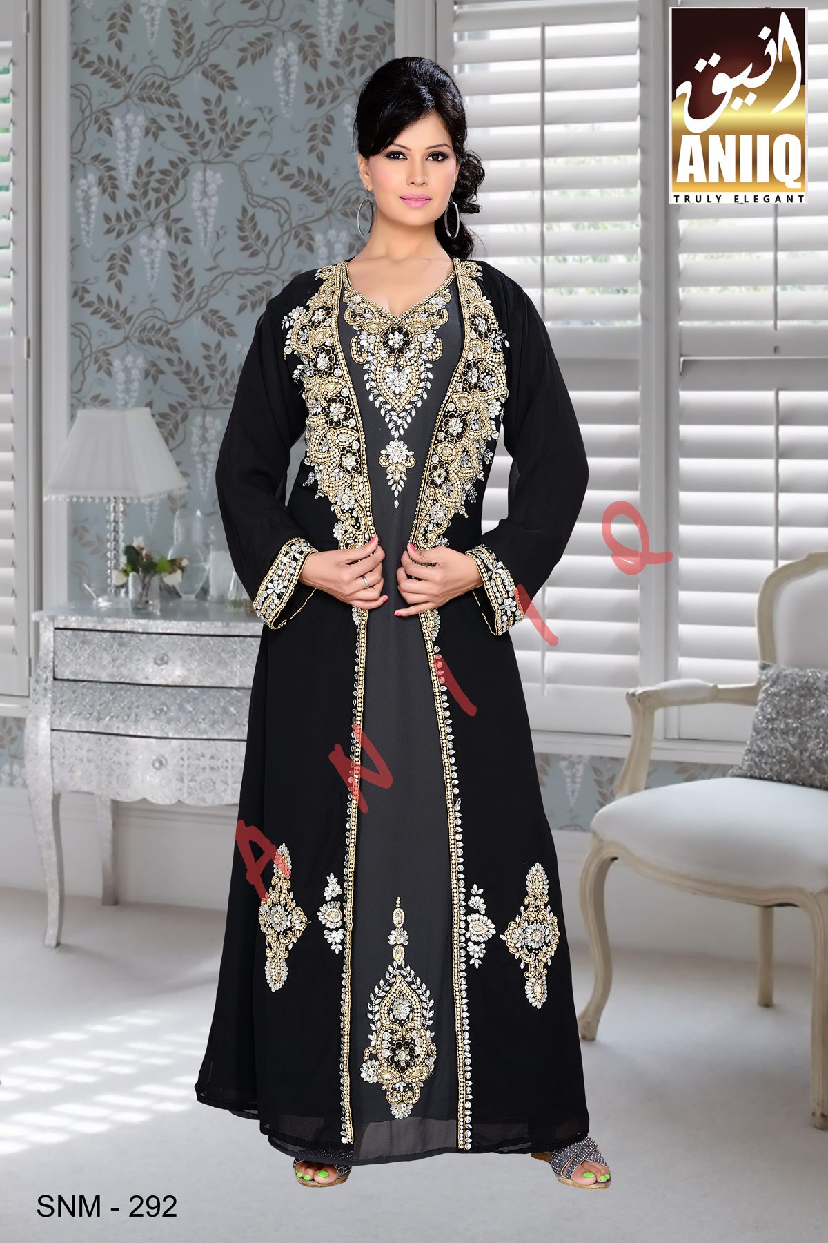 Black And Grey   Embroidered   Faux Georgette   Kaftan