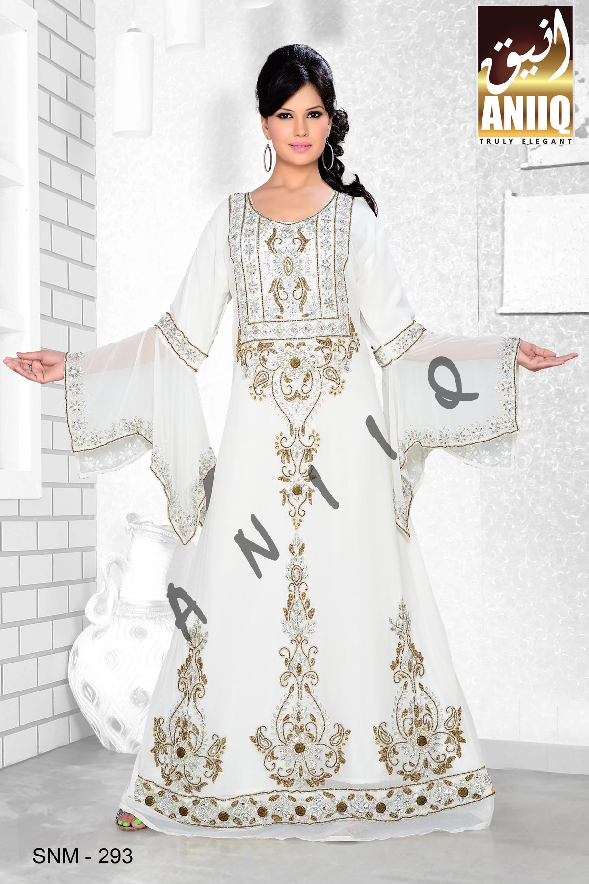 Off White   Embroidered   Faux Georgette   Kaftan