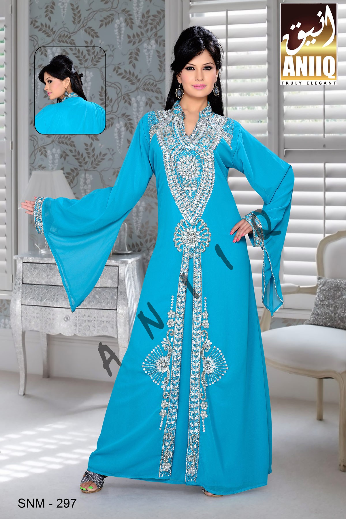 Sky Blue   Embroidered   Faux Georgette   Kaftan