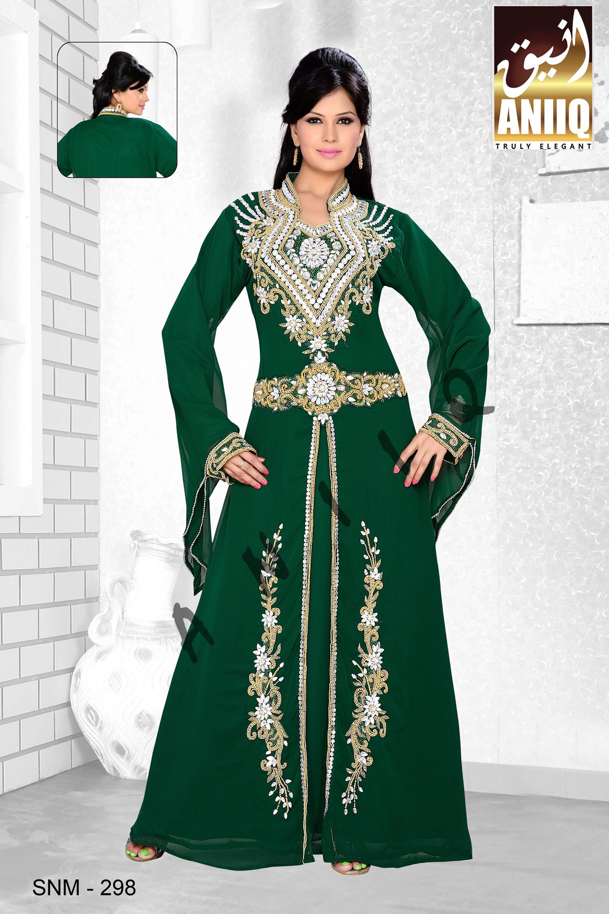 Bottle Green   Embroidered   Faux Georgette   Kaftan