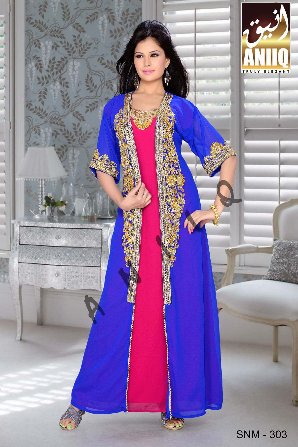 Royal Blue And Fuchsia Pink  Embroidered  Faux Georgette  Kaftan