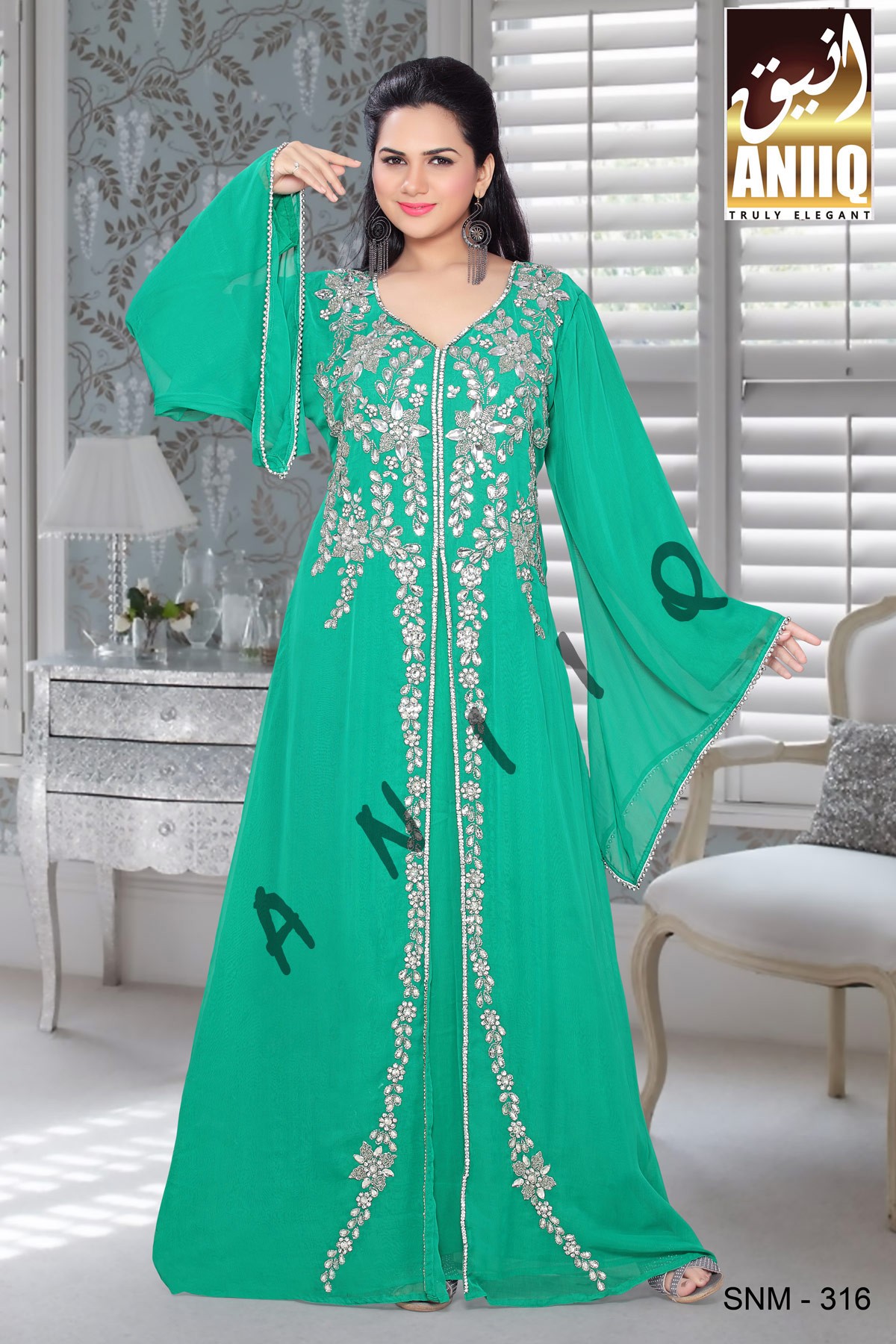 Sea Green  Embroidered  Faux Georgette  Kaftan