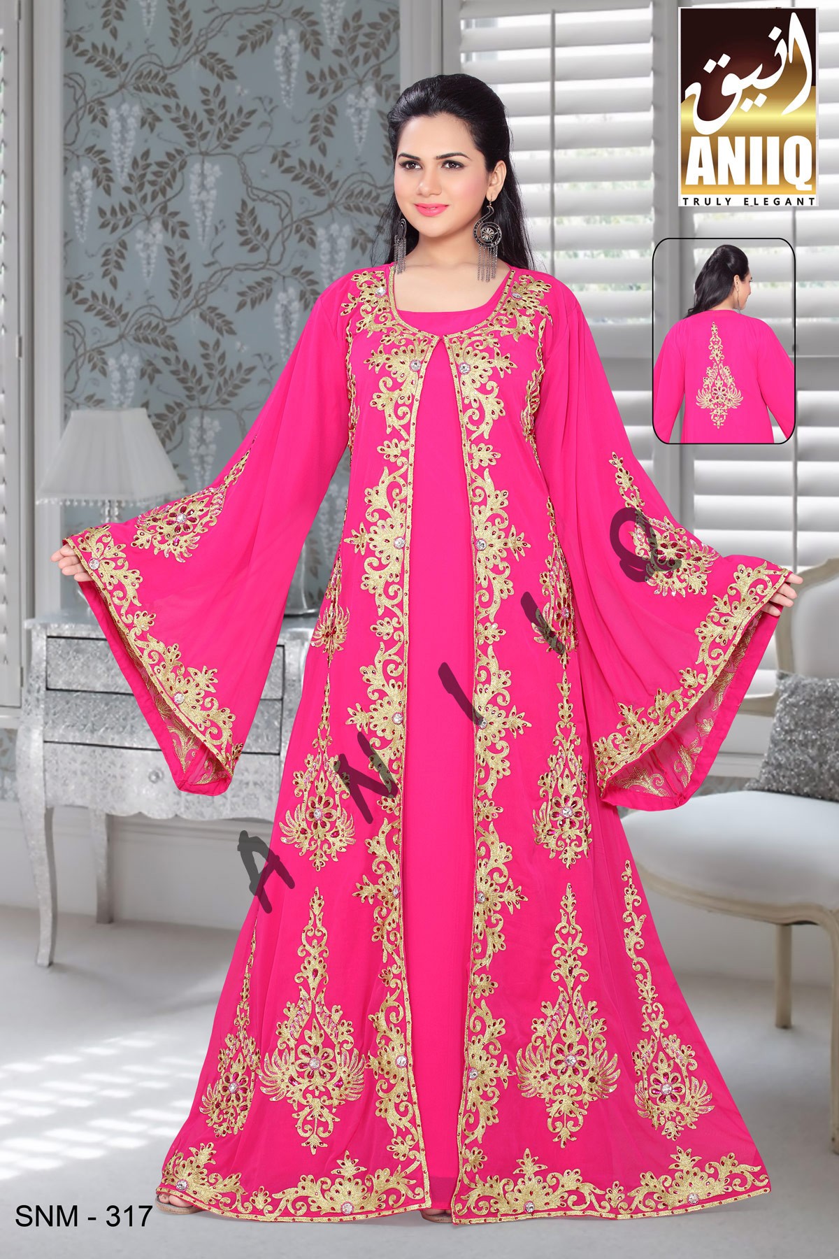 Fuchsia Pink  Embroidered  Faux Georgette  Kaftan