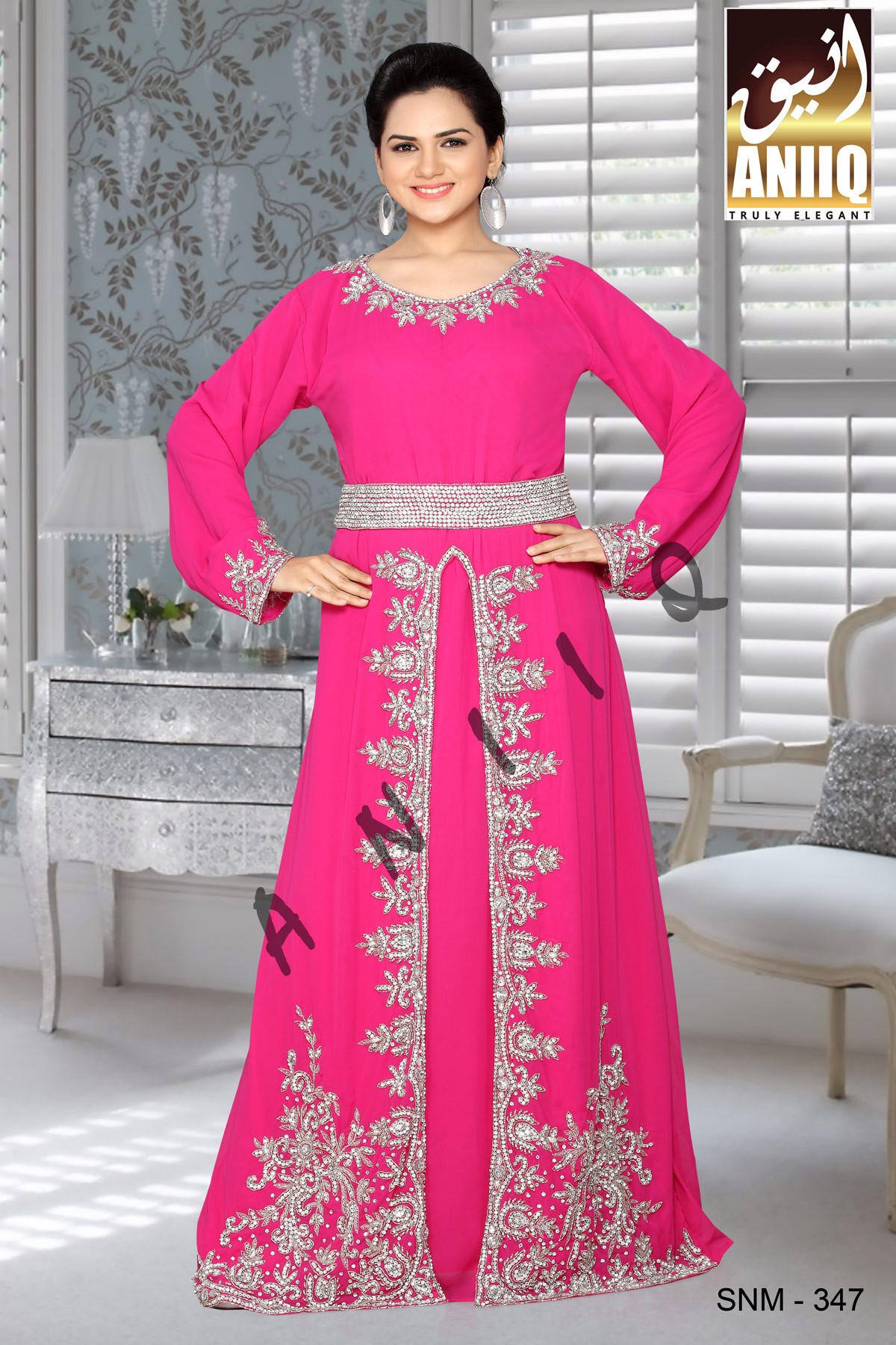 Fuchsia Pink  Embroidered  Faux Georgette  Kaftan