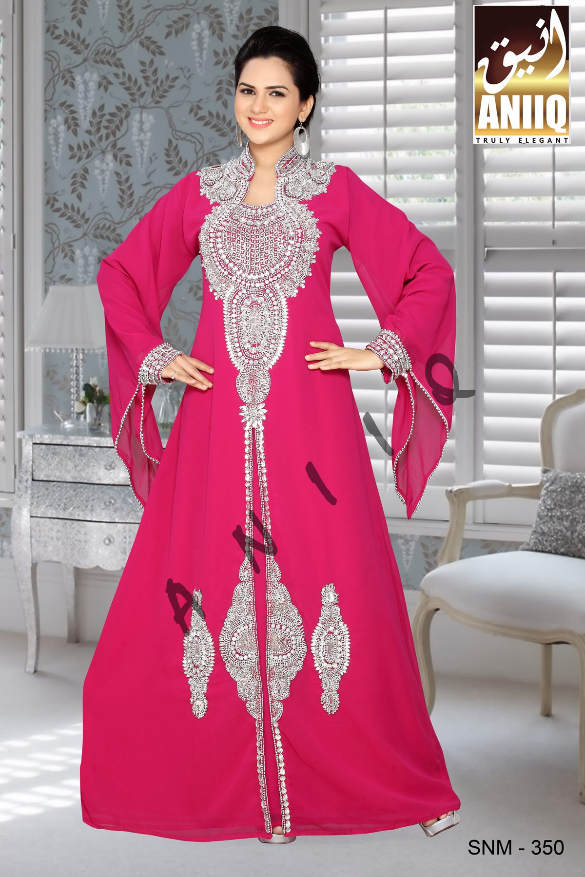 Fuchsia Pink  Embroidered  Faux Georgette  Kaftan