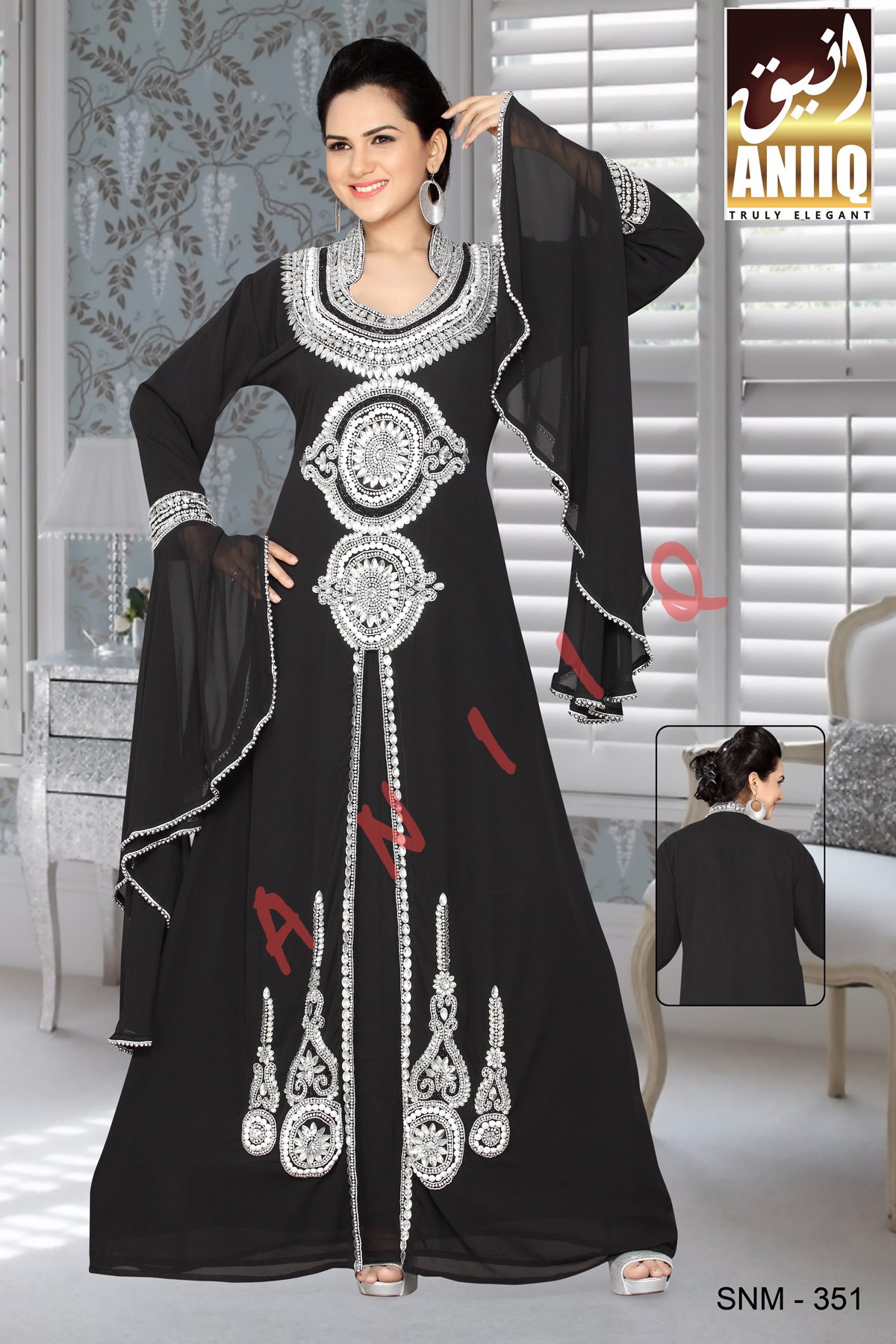 Black  Embroidered  Faux Georgette  Kaftan