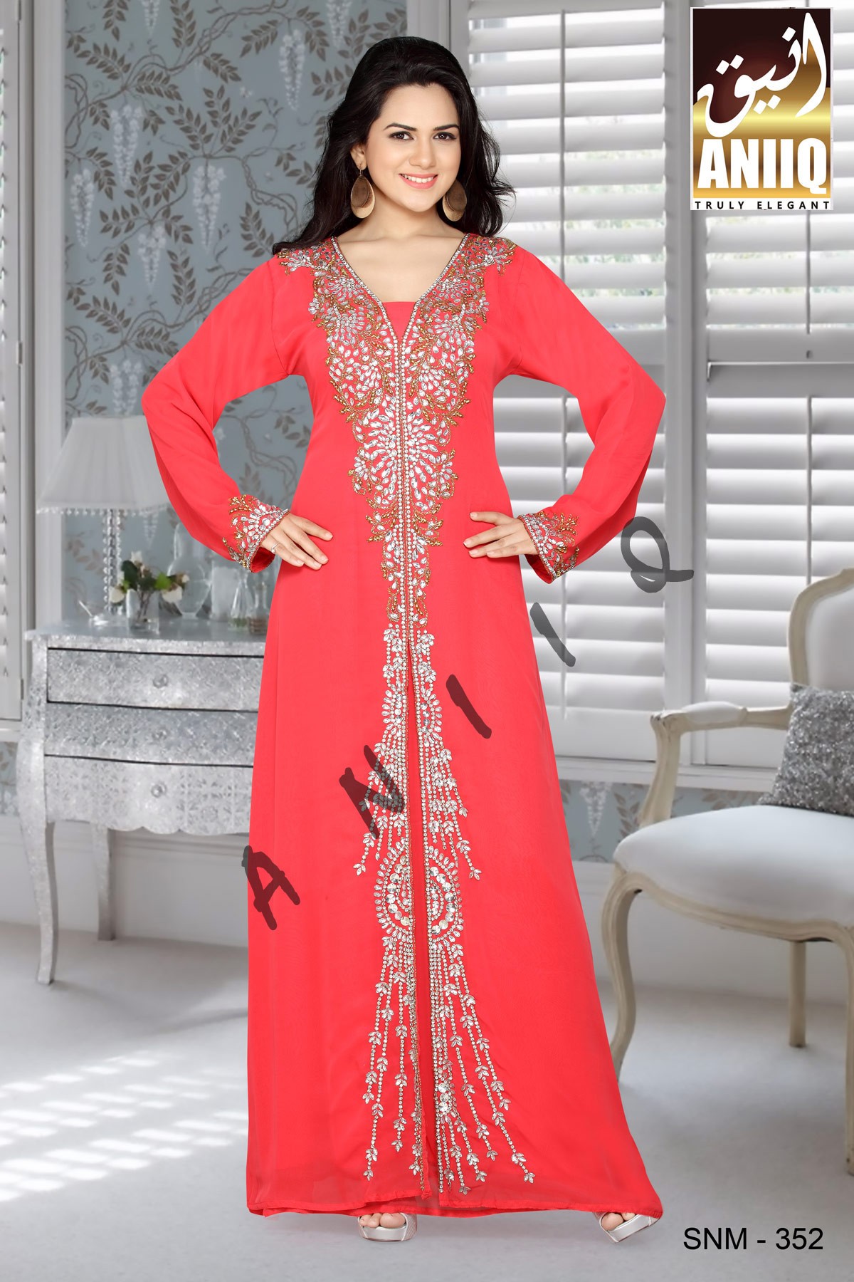 Coral  Embroidered  Faux Georgette  Kaftan