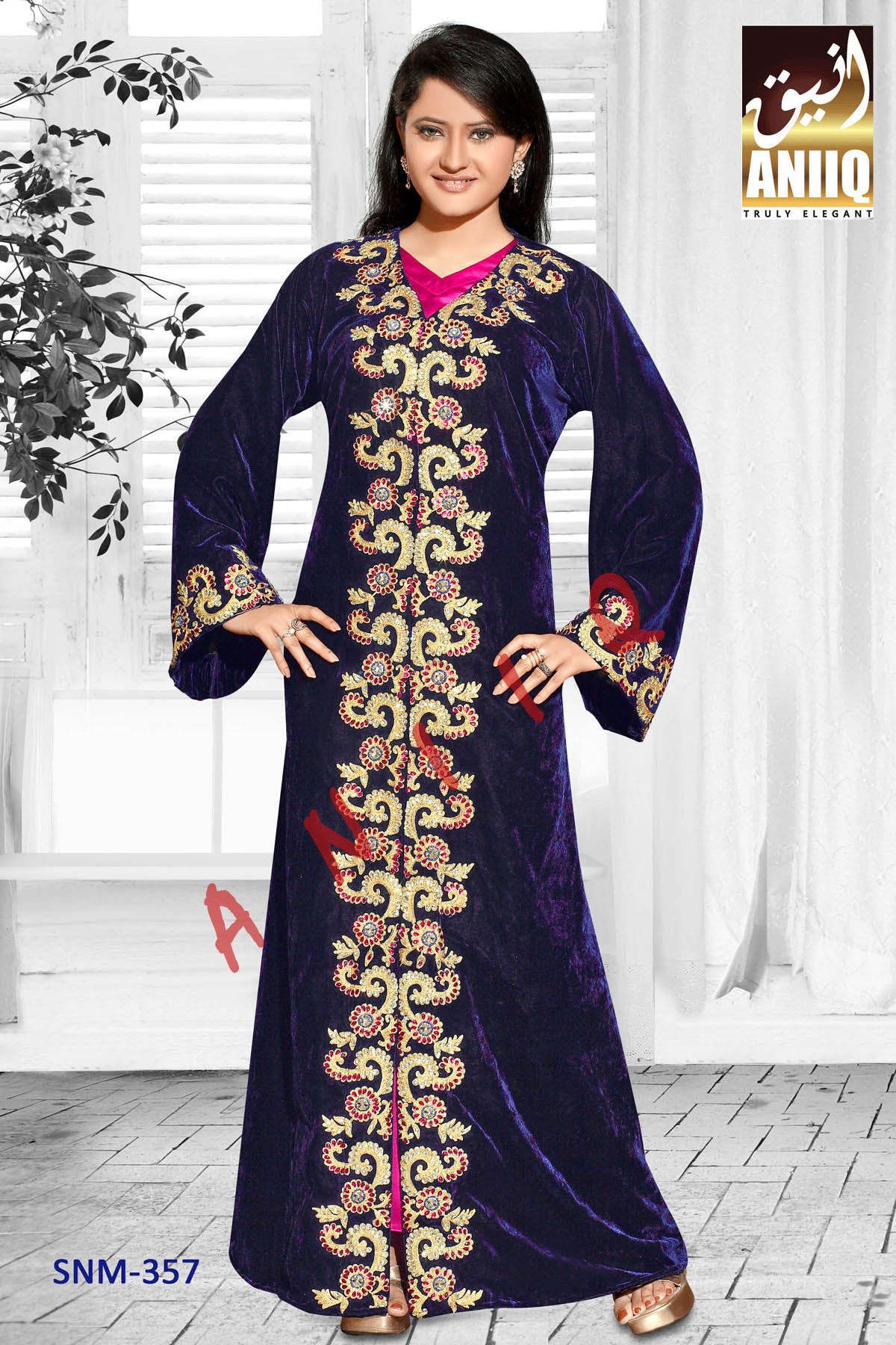 Royal Blue And Pink Satin  Embroidered  Faux Georgette  Kaftan