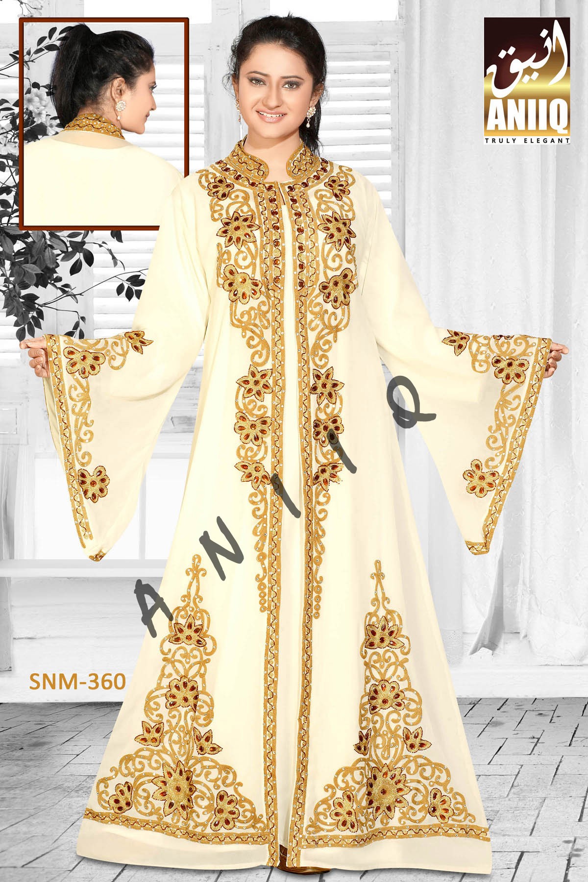 Off White  Embroidered  Faux Georgette  Kaftan