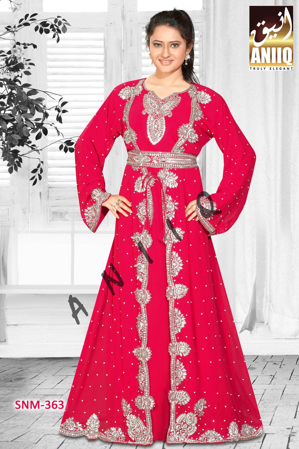 Red  Embroidered  Faux Georgette  Kaftan