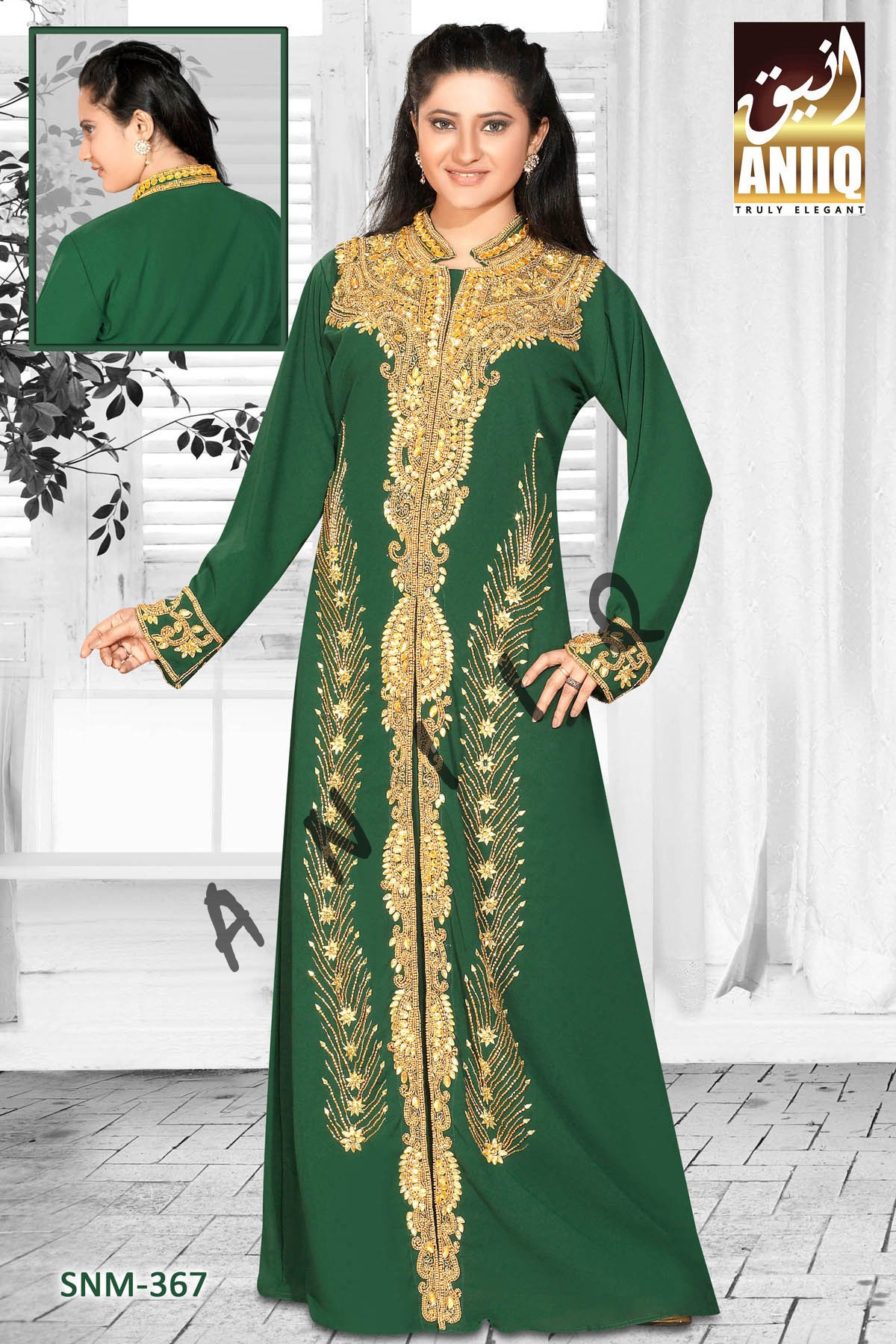 Bottle Green  Embroidered  Faux Georgette  Kaftan