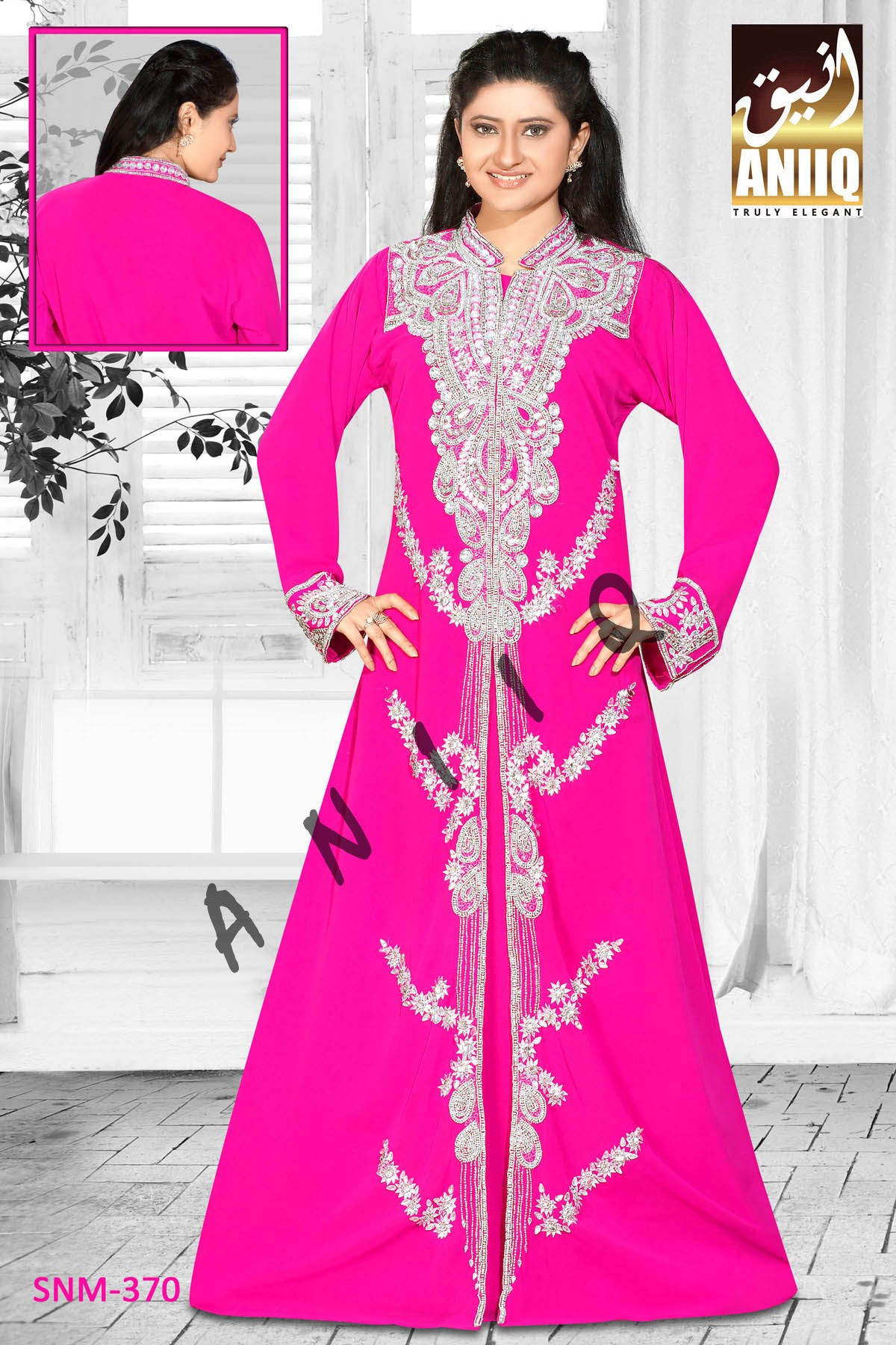 Fuchsia Pink  Embroidered  Faux Georgette  Kaftan