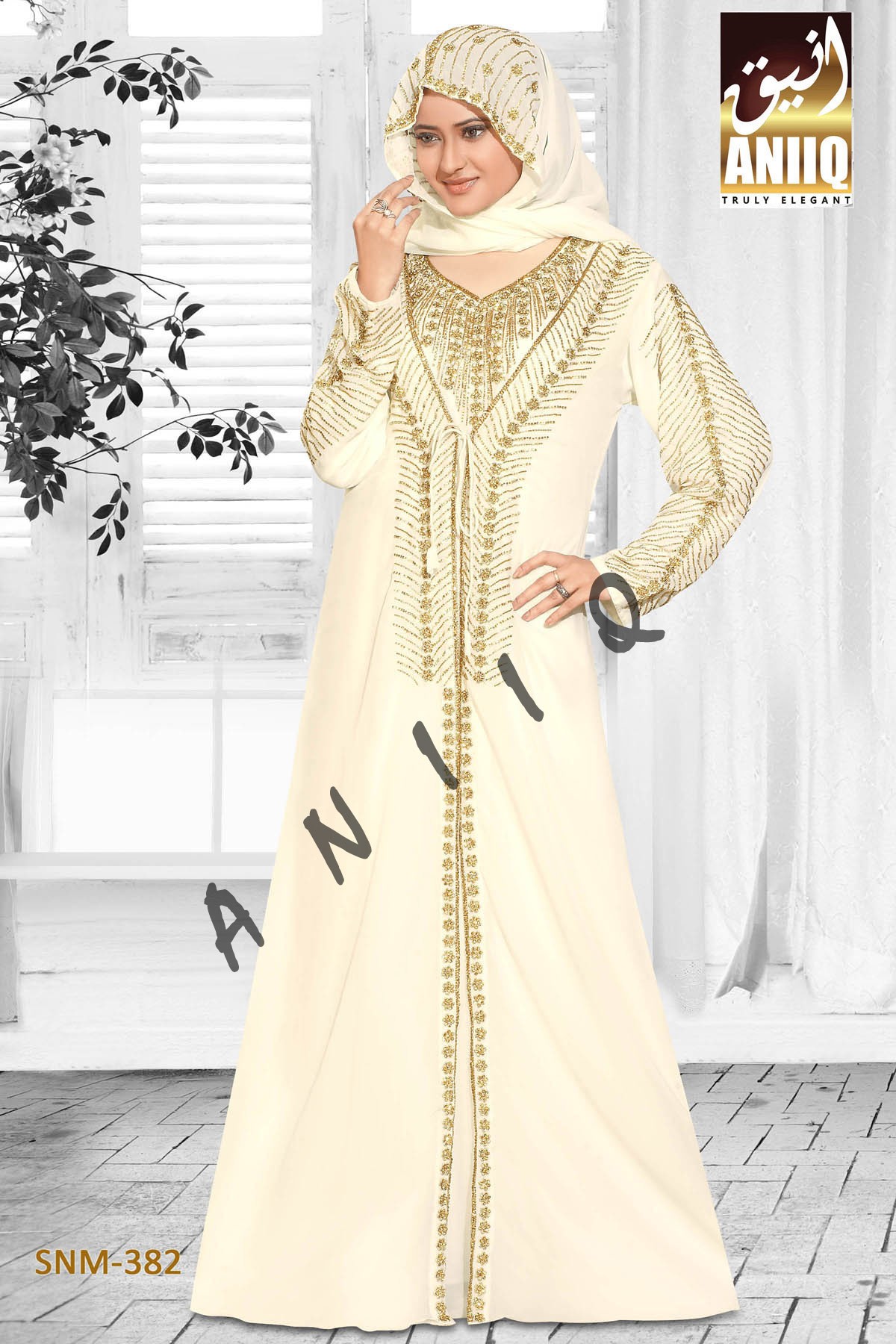 Off White  Embroidered  Faux Georgette  Kaftan