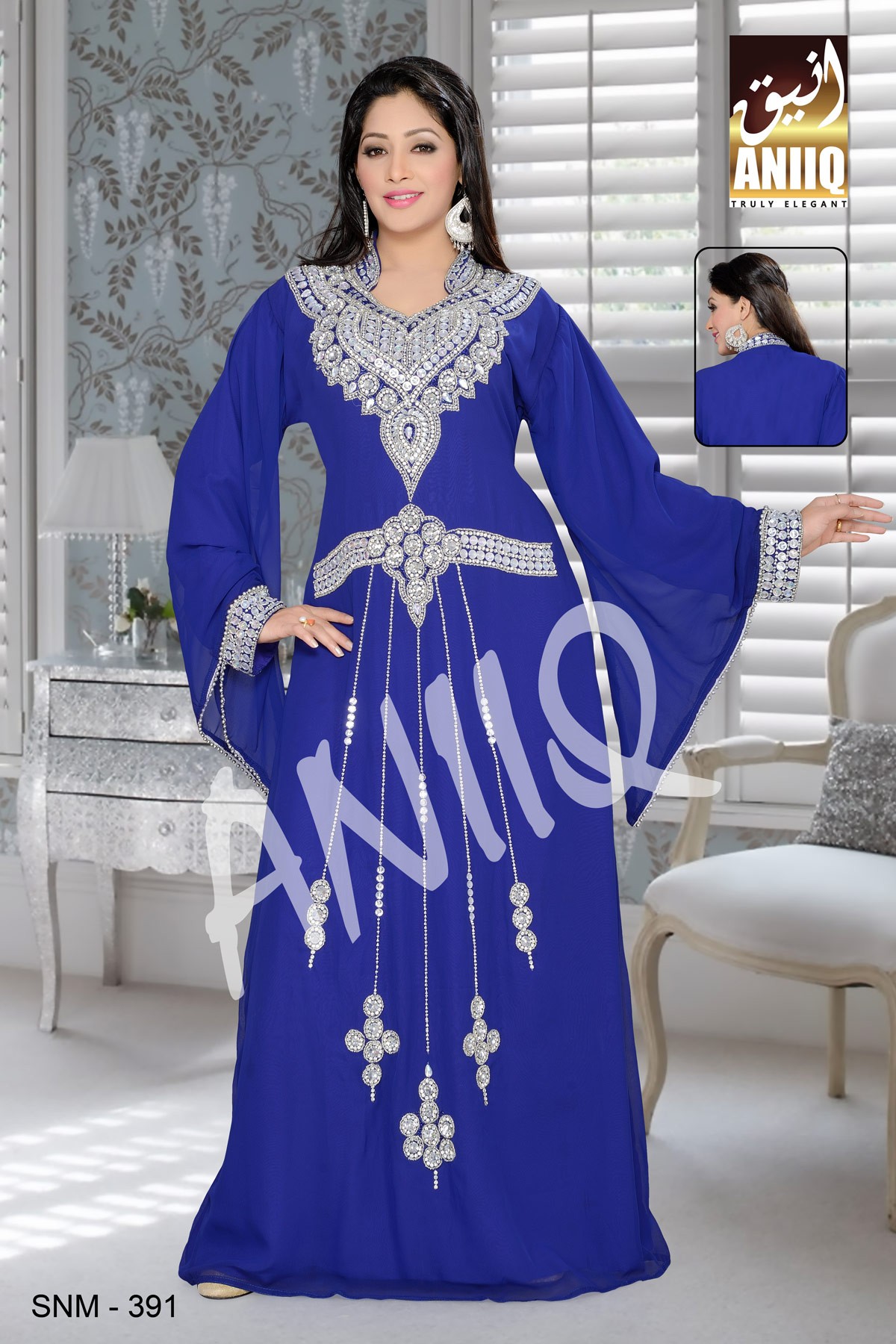 Royal Blue  Embroidered  Faux Georgette  Kaftan