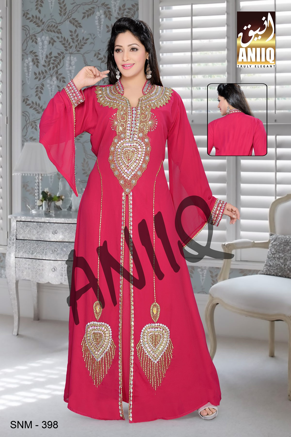 Burgundy  Embroidered  Faux Georgette  Kaftan