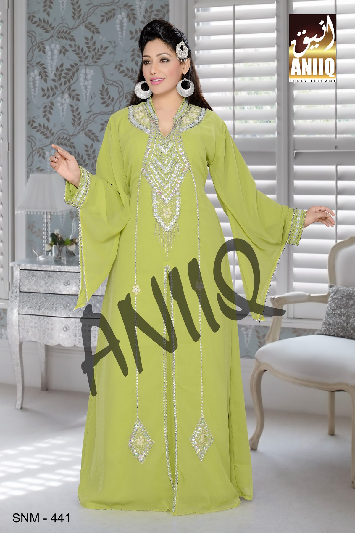 Parrot Green   Embroidered   Faux Georgette   Kaftan