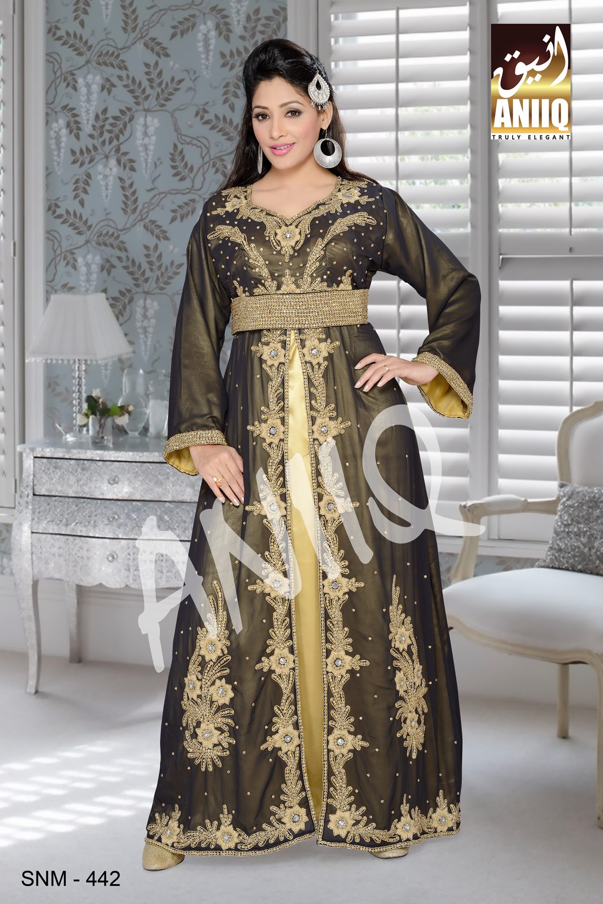 Black And Golden Satin   Embroidered   Faux Georgette   Kaftan