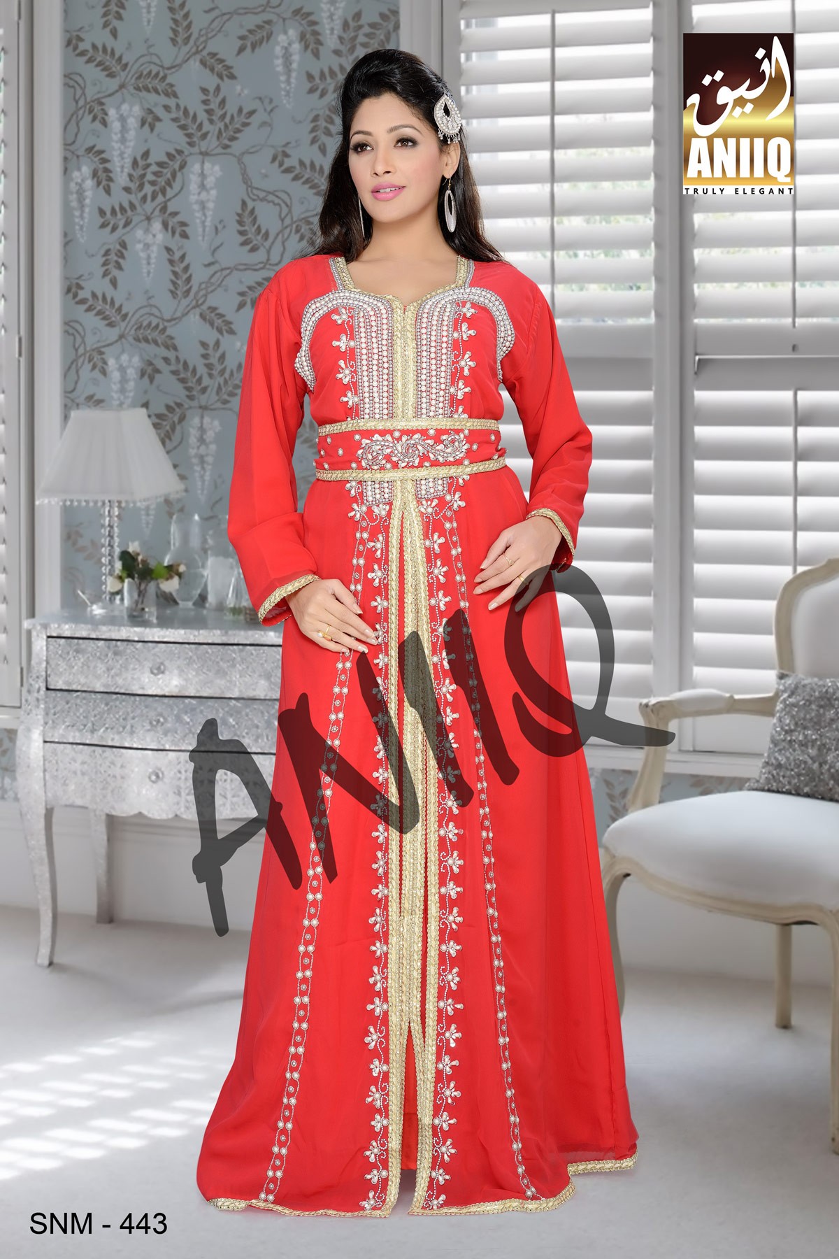 Red   Embroidered   Faux Georgette   Kaftan