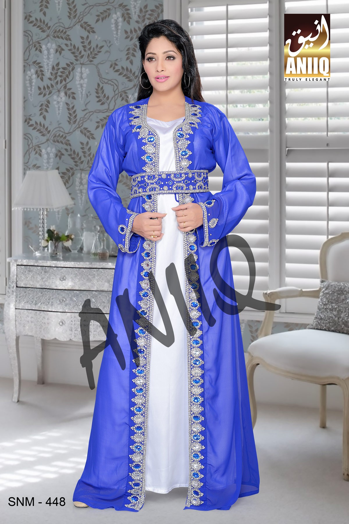 Royal Blue And White Satin   Embroidered   Faux Georgette   Kaftan