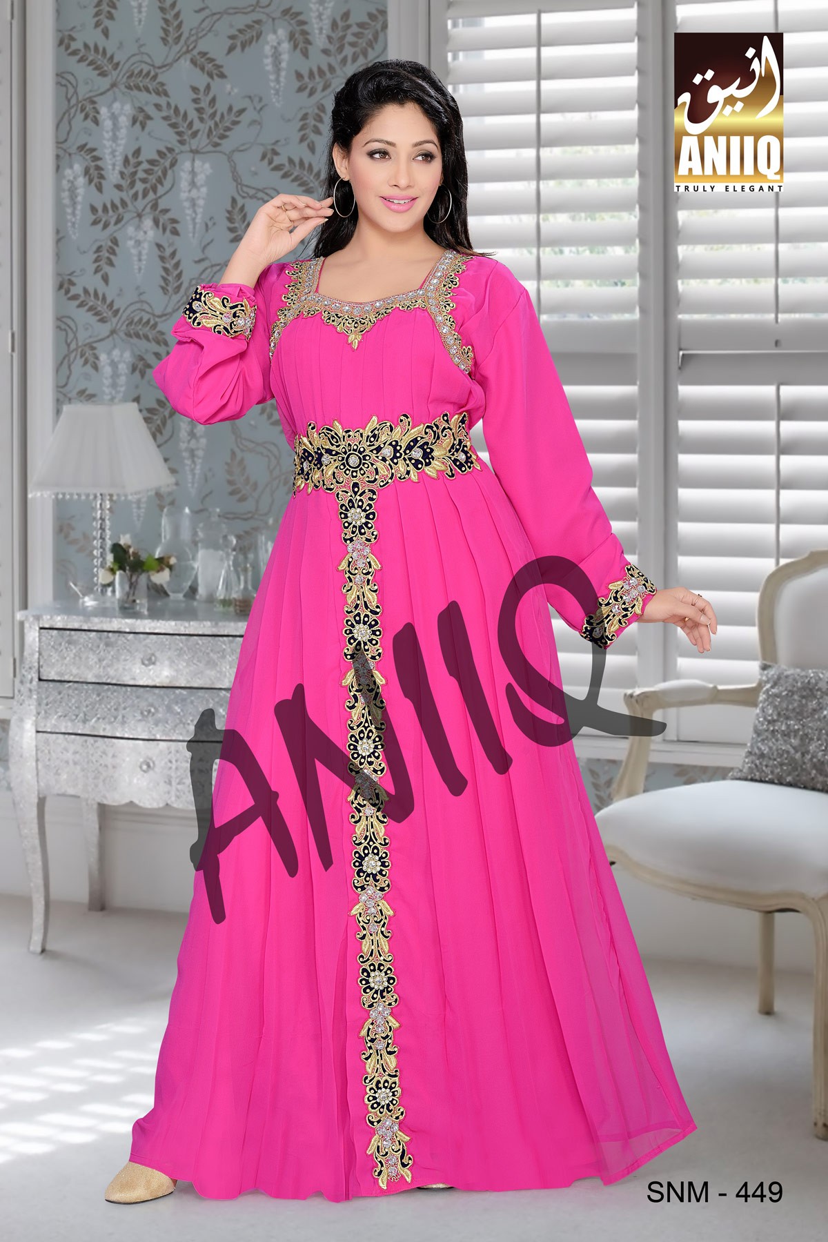 Fuchsia Pink   Embroidered   Faux Georgette   Kaftan