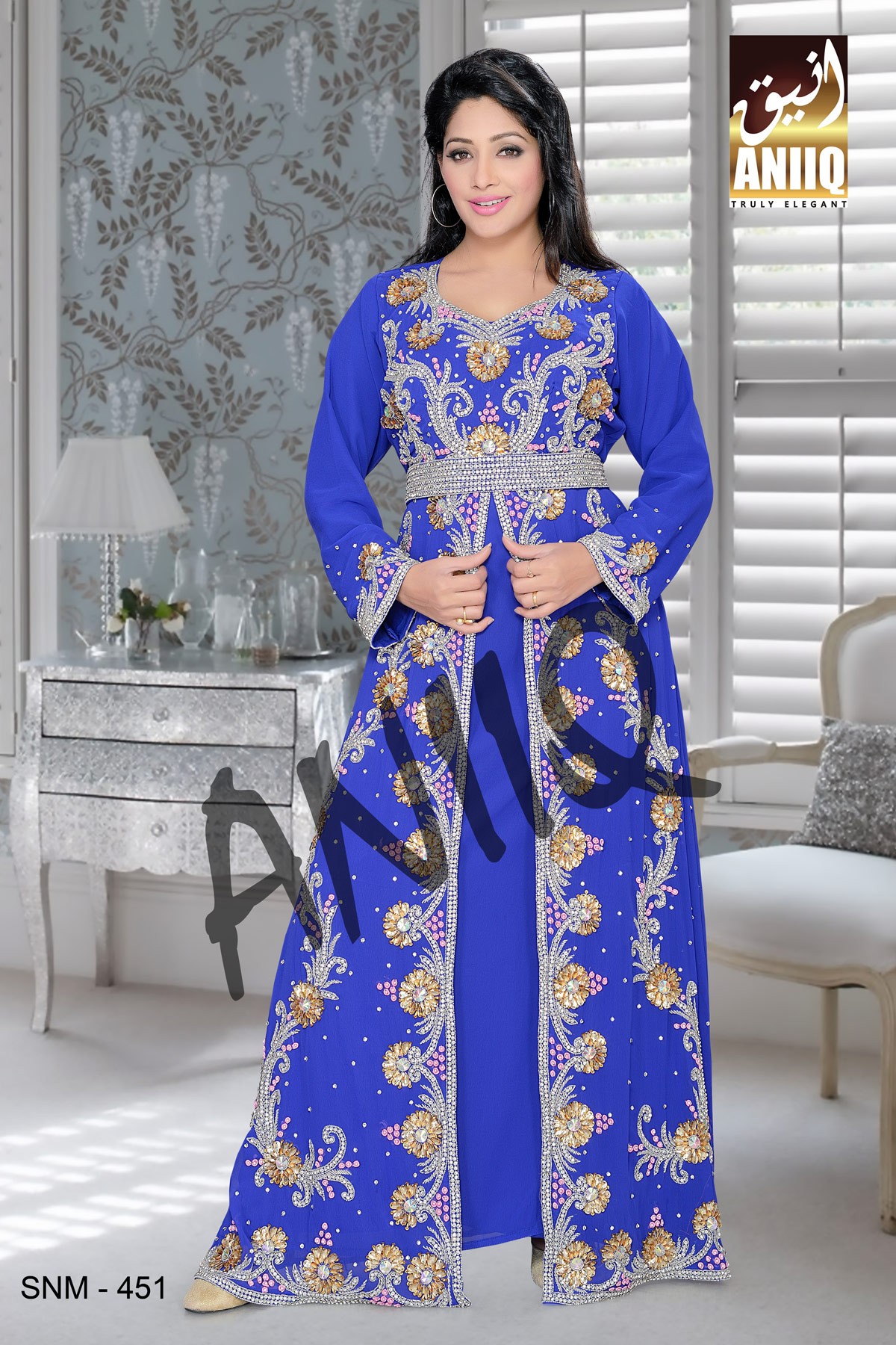 Royal Blue   Embroidered   Faux Georgette   Kaftan