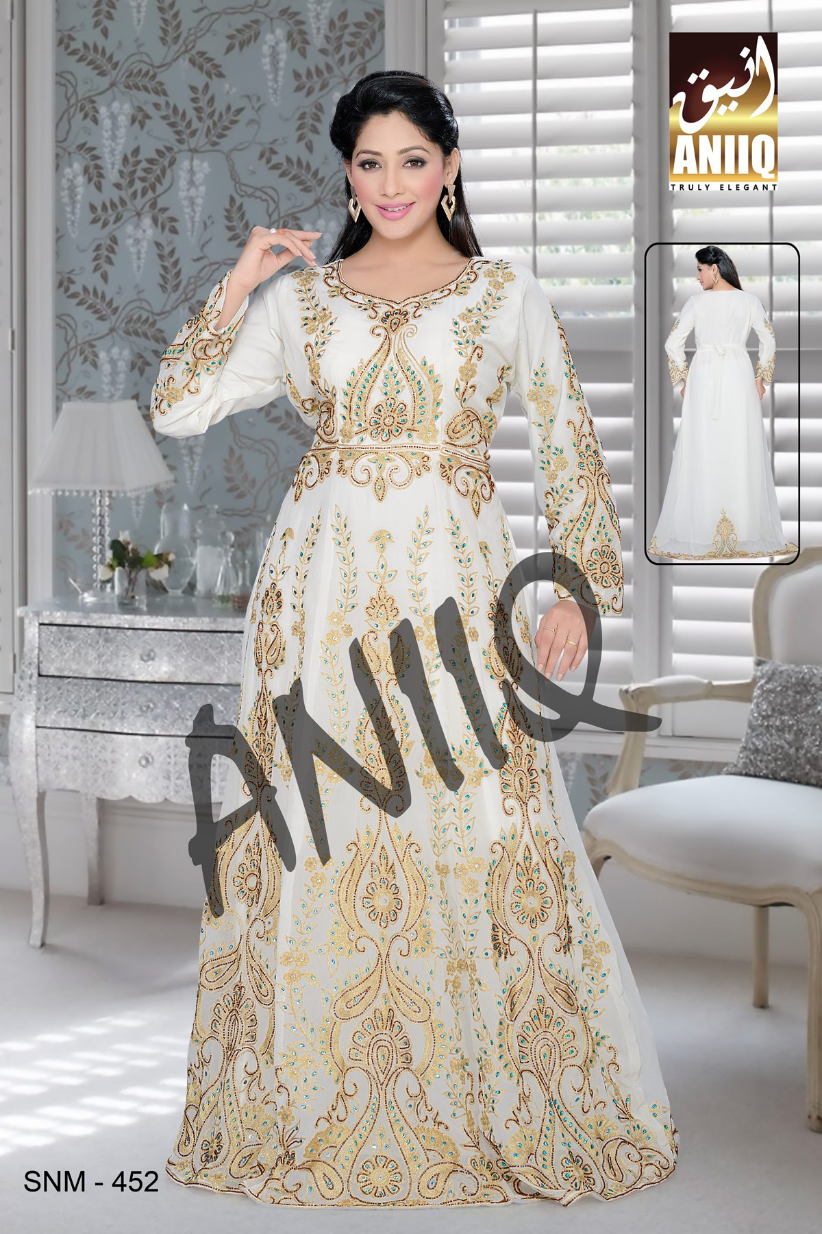 Off White   Embroidered   Faux Georgette   Kaftan