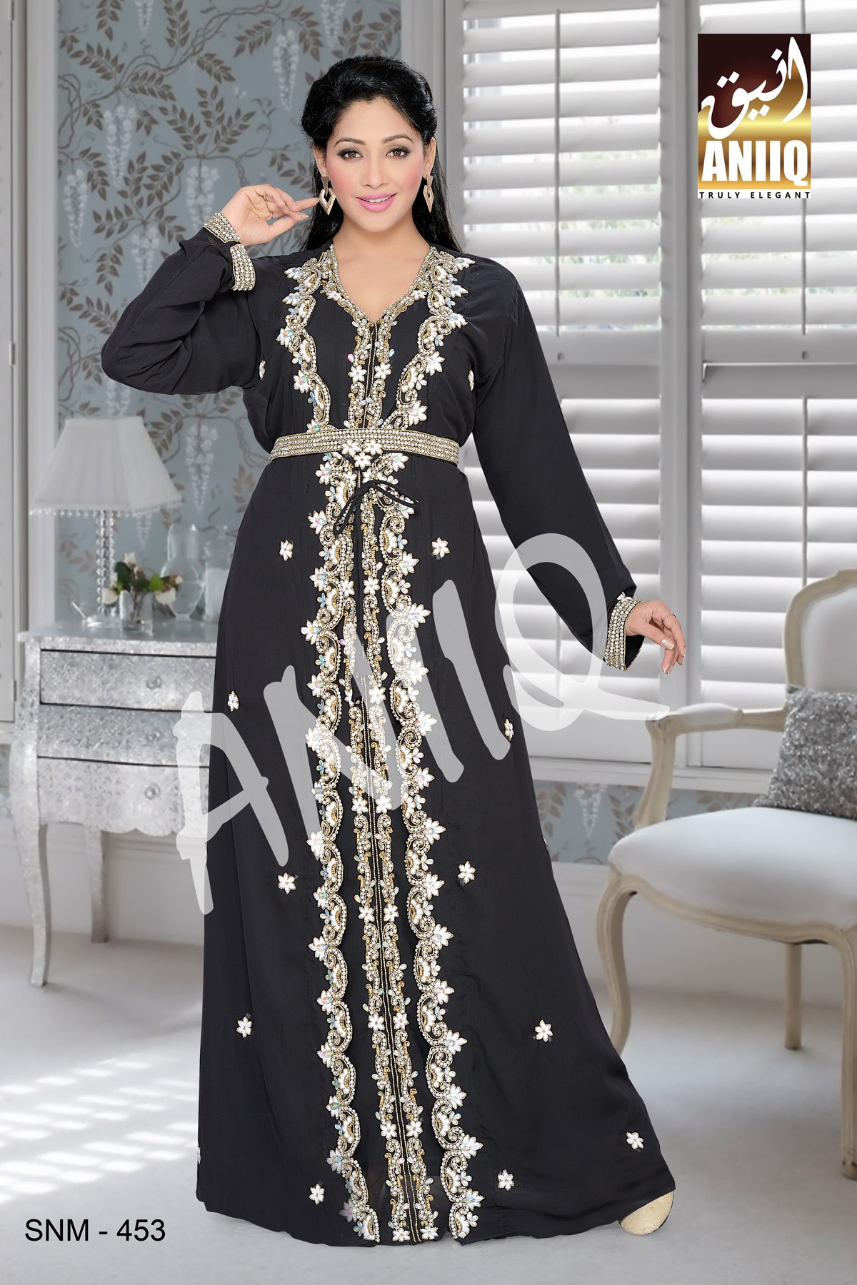 Black   Embroidered   Faux Georgette   Kaftan