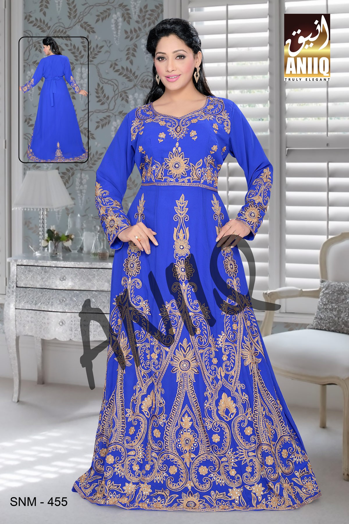 Royal Blue   Embroidered   Faux Georgette   Kaftan