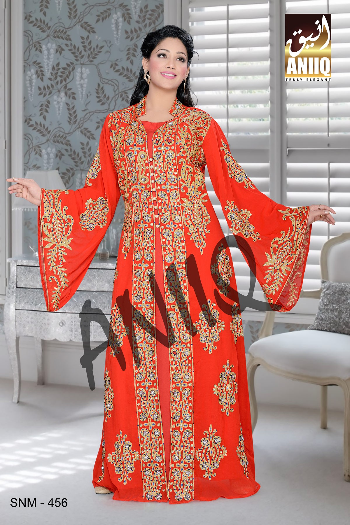 Red   Embroidered   Faux Georgette   Kaftan