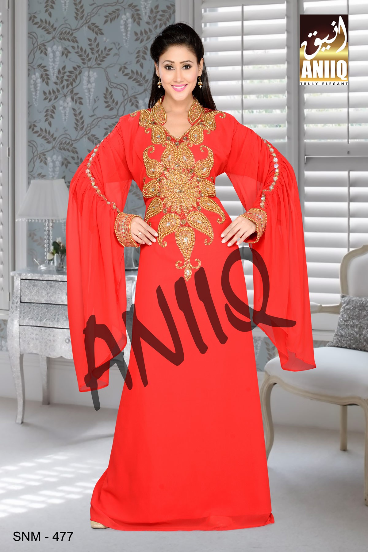 Red   Embroidered   Faux Georgette   Kaftan