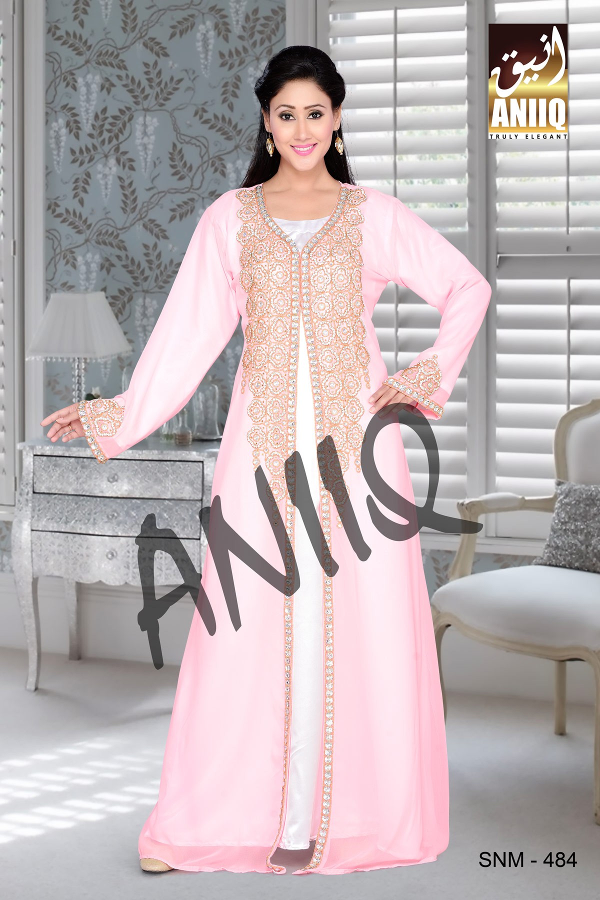 Baby Pink   Embroidered   Faux Georgette   Kaftan